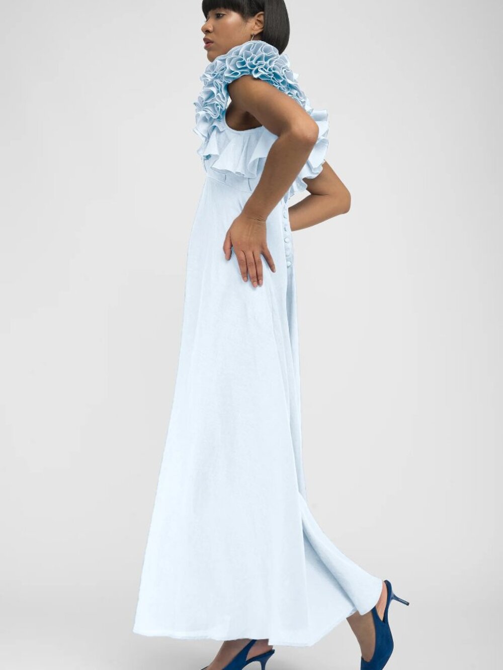 Fanm Mon Demre Kajou Collection Light Blue Floral Embroidered Ruffle Dress S NWT - Picture 3 of 8